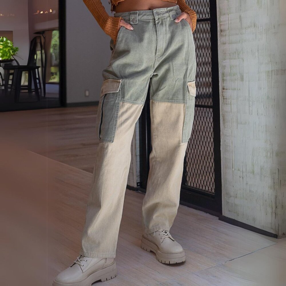 POL Color Block Twill Pants Olive/Beige Cargo